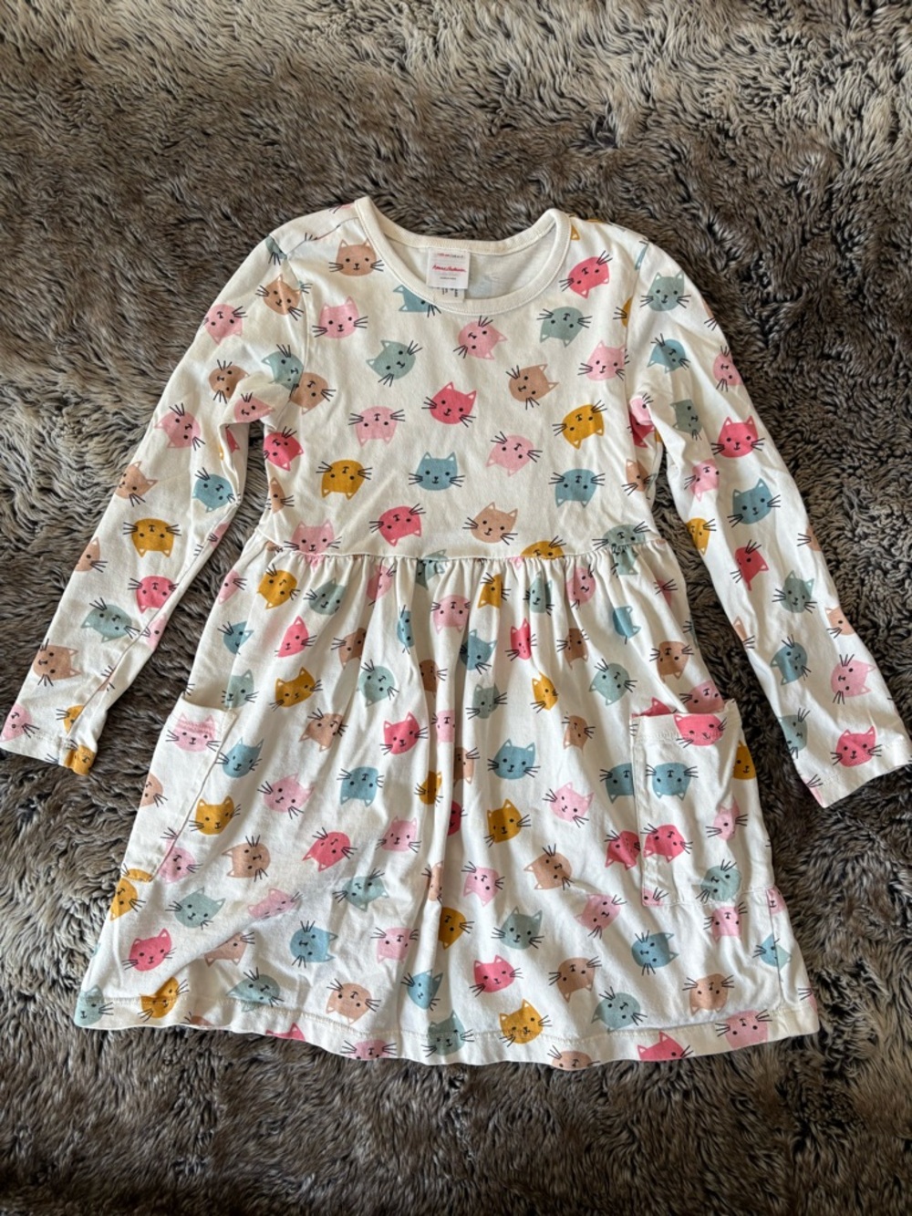Hanna Andersson Long Sleeve Cat Print Dress - Multicolor Kitty Pattern, size 6-7